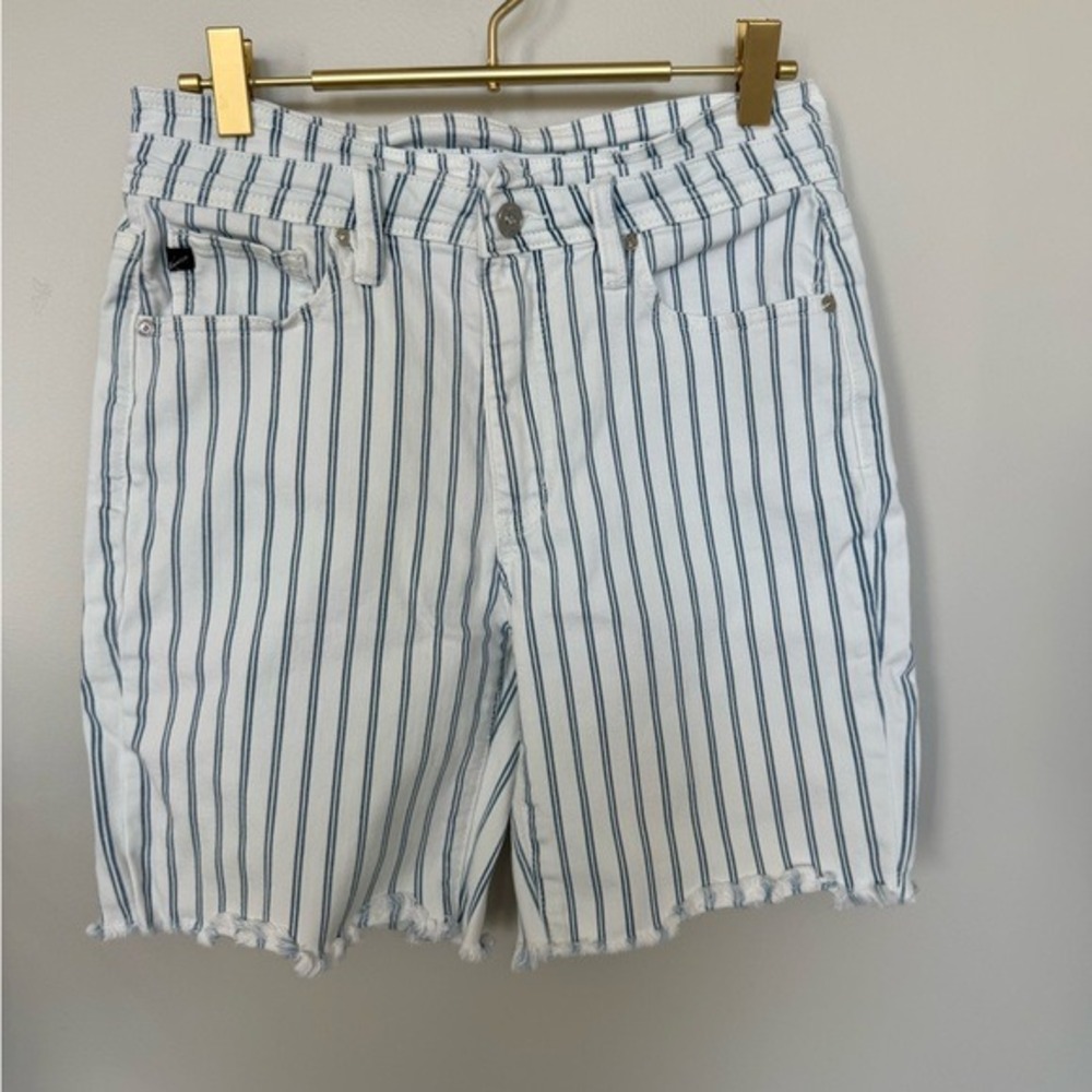 KanCan Womens High Rise Striped Bermuda Shorts White Blue Raw Hem Size Large - Picture 2 of 11